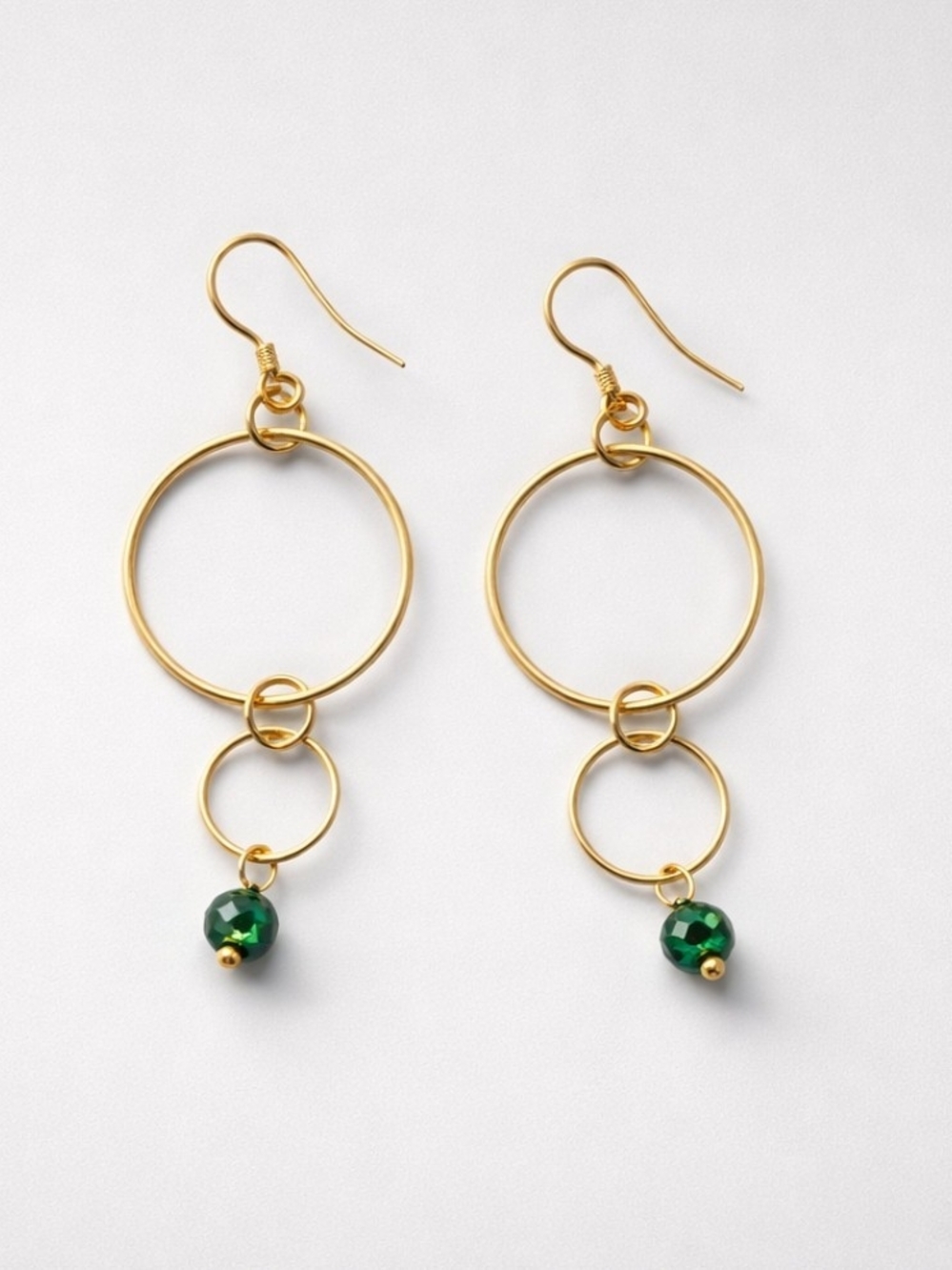 Hand Crafted Gold Hoop Drop Earrings with Green Bead